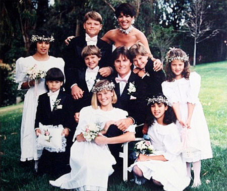 Bruce and Kris Jenner during their wedding ceremony along with their kids.